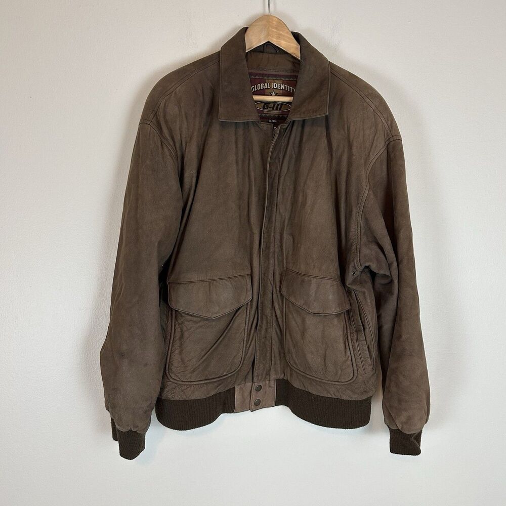 GIII Leather Jacket Mens XL Flight Bomber Vintage Brown Global Identity 90s